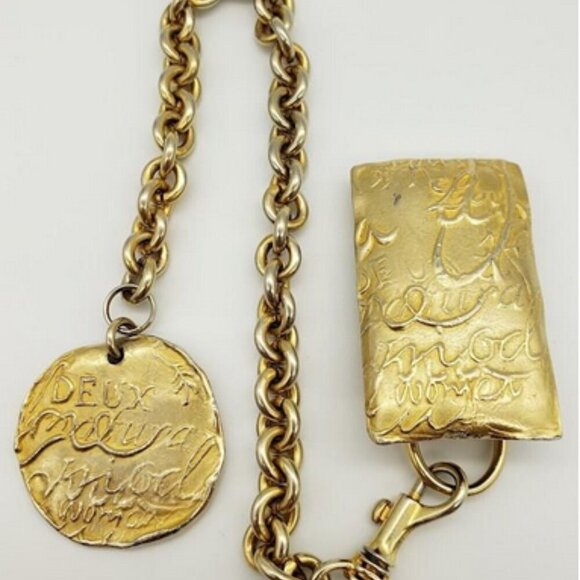 DONNA KARAN Vintage Gold Tone Belt Clip & Hanging Charm Medallion